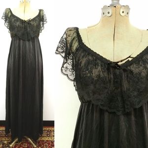 Vintage Olga Black Nylon Nightgown Lace Ruffled Bodice Size 36